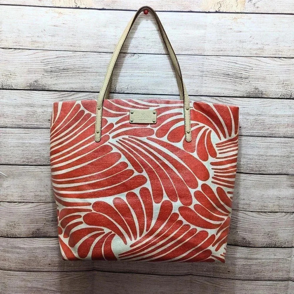Kate Spade New York Large Canvas Tote Bag No Zipper Tropical Print Cream Red - Picture 1 of 10